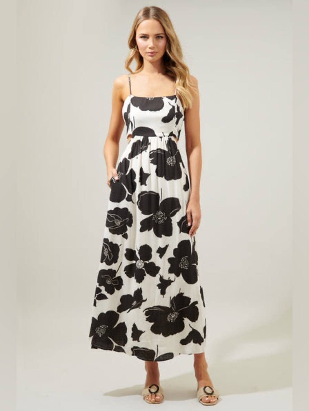 Sugarlips Siesta Cut Out Black and Beige Floral Maxi Dress